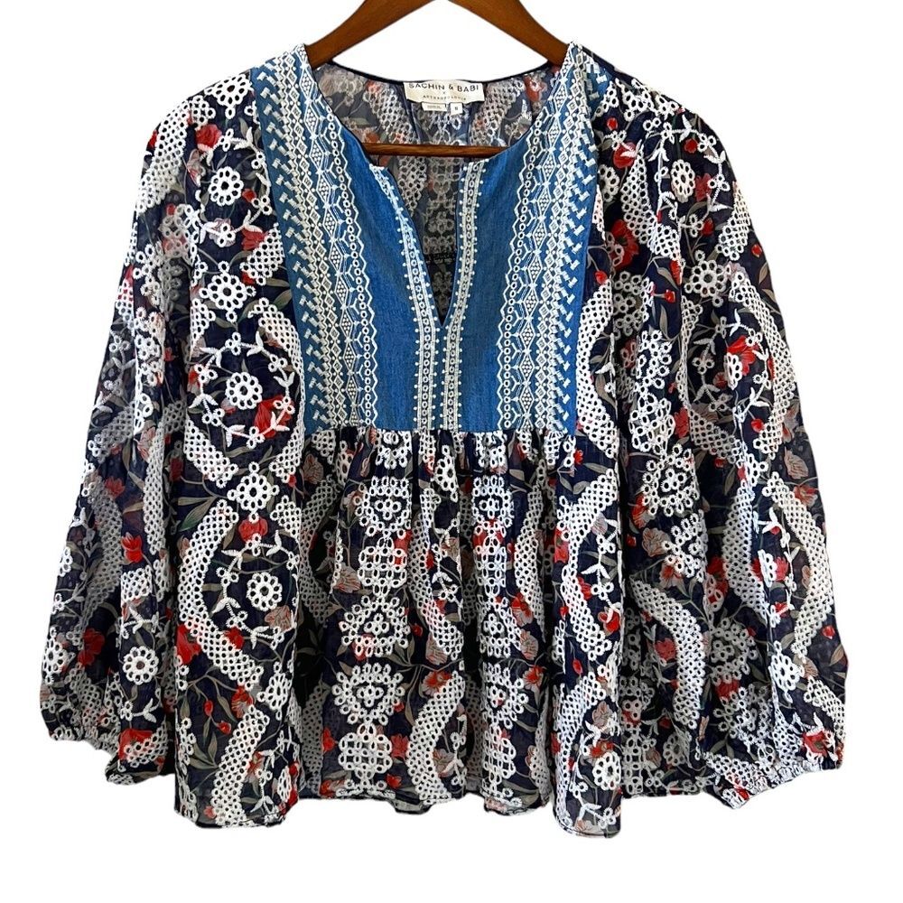 Sachin & Babi x Anthropologie Kalena Embroidered Peasant Blouse Size S